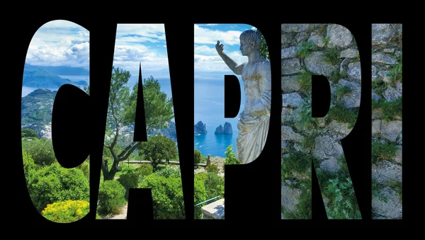 Capri - signo de nombre de la isla con foto en el fondo en negro —  Fotos de Stock