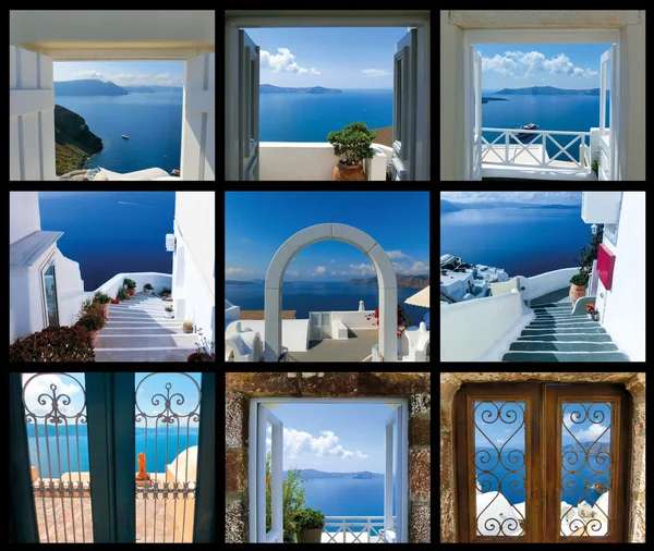 Brama otwarta i schody, prowadzące do morza. zestaw z widoków w Oia Santorini, Grecja — Zdjęcie stockowe