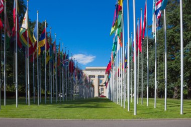 Geneva, İsviçre - 17 Haziran 2016: Galeri ülke bayrakları