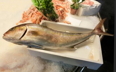 Venedik balık pazarı - büyük balık ve karides. Rialto Balık Pazarı yakınındaki Rialto Köprüsü - Venedik, İtalya Grand Canal yanında bulunan