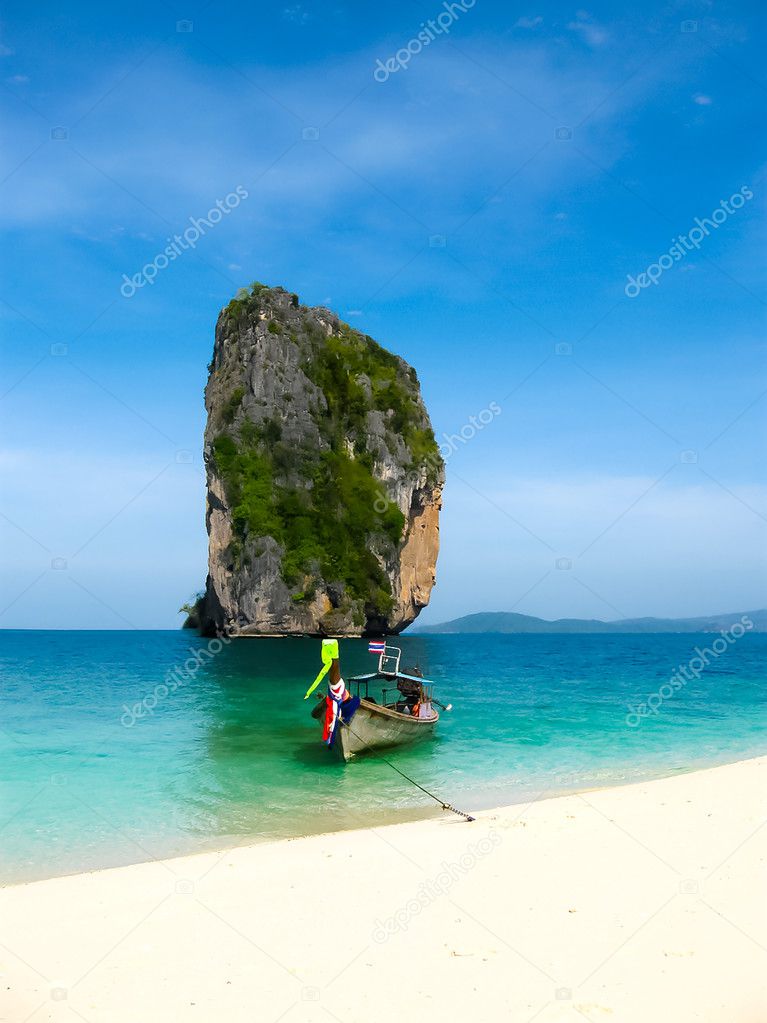 The blurred image of tropical landscape. Railay beach, Krabi, Thailand. View of the rock and beach