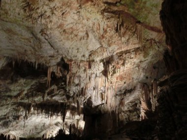 Mağarada, Postojna grotte veya Postojnska jama, Slovenya, Avrupa 'da ışıklandırılmış karst resimleri