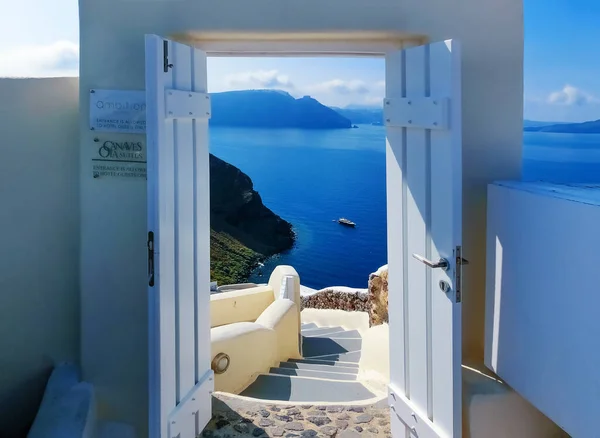 Santorini Grecja Czerwca 2015 Luksusowy Basen Santorini Widokiem Kalderę Canaves — Zdjęcie stockowe