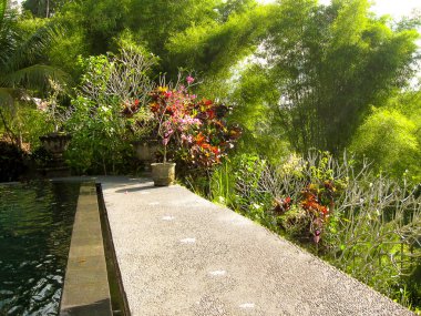 Bali, Endonezya - 11 Nisan 2012: Endonezya 'da Tanah Merah Sanat Resort Bali' de yüzme havuzu manzarası - 11 Nisan 2012