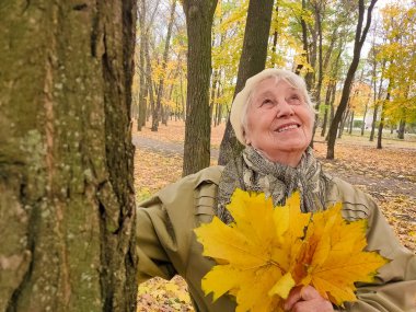 Gri saçlı, gülümseyen yaşlı kadın sonbahar parkında. Mutlu yaşlılık, doğa yürüyüşü, olumlu duygular..