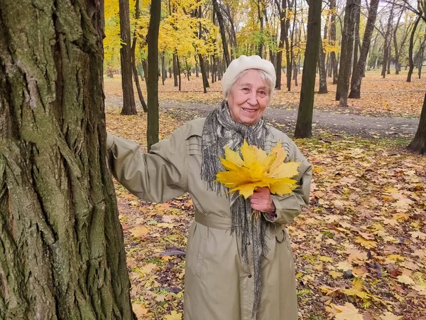 Gri saçlı, gülümseyen yaşlı kadın sonbahar parkında. Mutlu yaşlılık, doğa yürüyüşü, olumlu duygular..