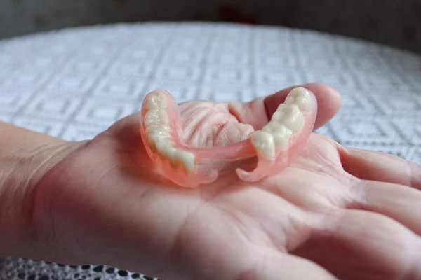 Flexible Nylon Denture Male Hand Removable Dentures Flexible Devoid Nylon — Stock Photo, Image