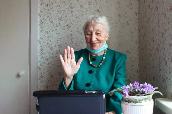 Covid Manténgase Conectado Feliz Mujer Mayor Casa Vídeo Llamando Familia — Foto de Stock