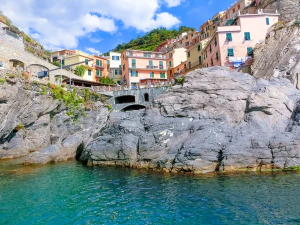 Manarola Italy Вересня 2015 Кам Яний Пляж Середземному Морі Біля — стокове фото