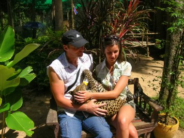 Koh Samui, Tayland - 21 Haziran 2008: Koh Samui, Tayland 'da küçük bir leopar bebeği tutan genç çift - 21 Haziran 2008