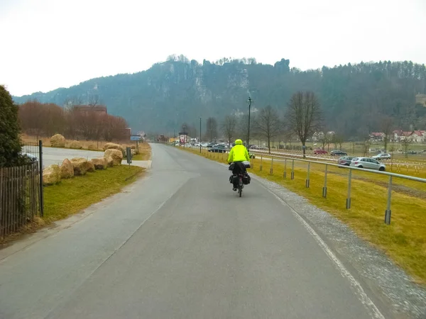 Cycle route in Saxony at Upper Lusatia in springtime. Saxon Switzerland, Saxony, Germany, Europe at winter or spring time