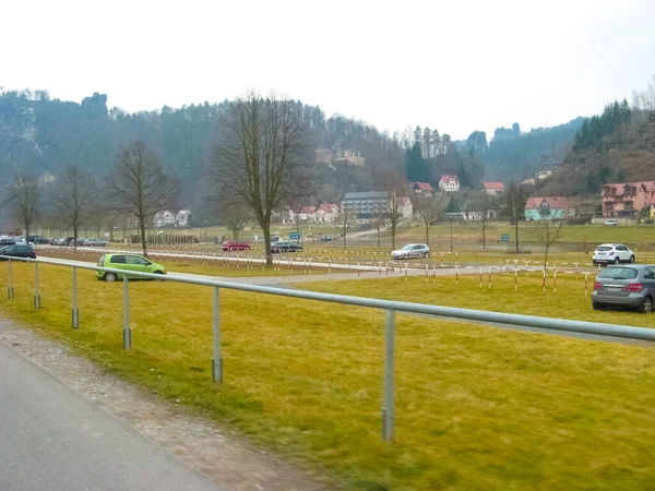 Cycle route in Saxony at Upper Lusatia in springtime. Saxon Switzerland, Saxony, Germany, Europe at winter or spring time