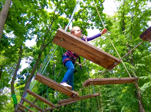 Fille Grimpant Dans Parc Corde Aventure Contre Les Arbres Verts — Photo