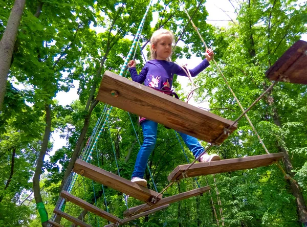 Das Mädchen Klettert Abenteuer Seilpark Gegen Grüne Bäume — Stockfoto