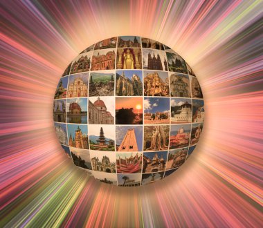 World Religious Monuments - collage or globe from different religions from Bali, Thailand, Cambodia at Asia and Florens, Spain, Santorini, Venice in Europe. clipart
