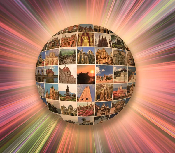 World Religious Monuments Collage Globe Different Religions Bali Thailand Cambodia — Stock Photo, Image