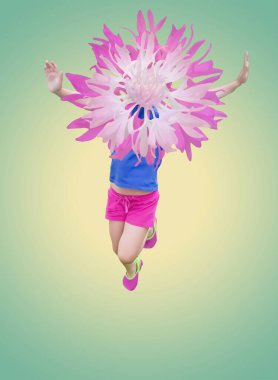 Bahar ya da yaz aylarında izole edilmiş, mutlu genç bir kızın vektör illüstrasyonu. Metin, tasarım ve reklam için boşluk kopyala. Modern yaratıcı sanat eserleri. Çağdaş kolaj. El ilanı.