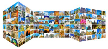 World religious monuments - collage from different religions from Bali, Thailand, Cambodia, Turkey, Vietnam Nepal, Singapore at Asia and Florens, Palma, Santorini, Venice, Milan, Lyon, Berlin, Vilnius in Europe clipart
