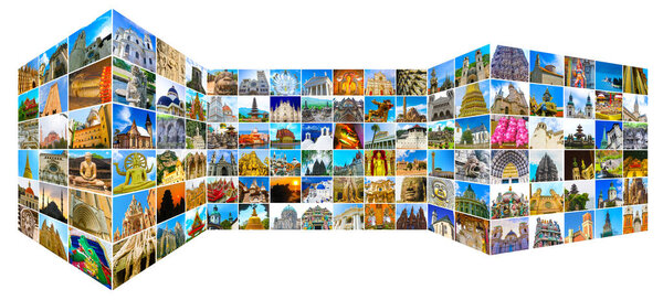 World religious monuments - collage from different religions from Bali, Thailand, Cambodia, Turkey, Vietnam Nepal, Singapore at Asia and Florens, Palma, Santorini, Venice, Milan, Lyon, Berlin, Vilnius in Europe