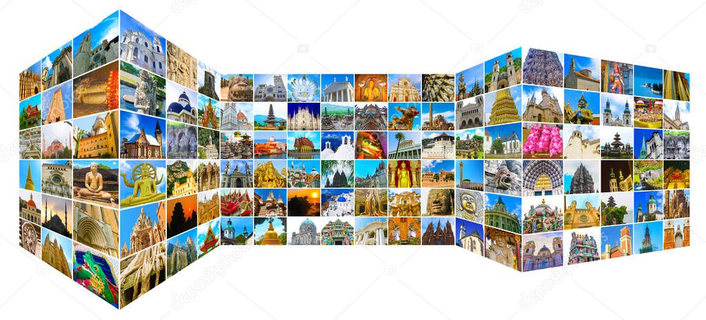 World religious monuments - collage from different religions from Bali, Thailand, Cambodia, Turkey, Vietnam Nepal, Singapore at Asia and Florens, Palma, Santorini, Venice, Milan, Lyon, Berlin, Vilnius in Europe