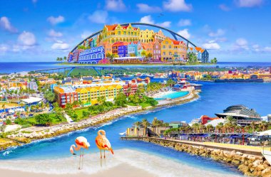 Curacao 'daki Willemstad kasabasının hava manzaralı kolajı Curacao adası Karayip Denizi' ndeki Antiller 'de güzel mimarisi ve plajları olan tropikal bir cennettir..