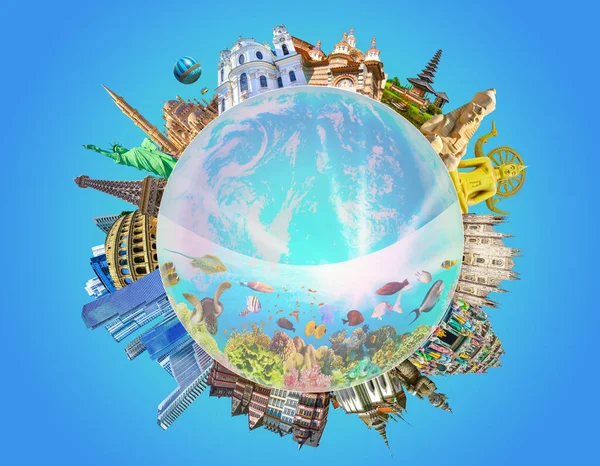 Världsreligiösa Och Arkitektoniska Monument Collage Eller Glob Från Olika Religioner — Stockfoto