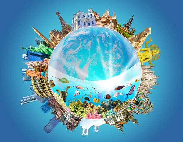 Wereld Religieuze Architectonische Monumenten Collage Wereldbol Uit Verschillende Religies Conceptueel — Stockfoto