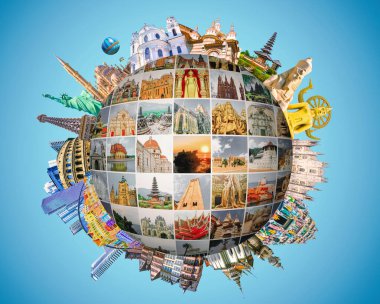 World religious and architecture monuments - collage or globe from different religions from Bali, Thailand, Cambodia at Asia and Florens, Spain, Santorini, Venice in Europe. clipart