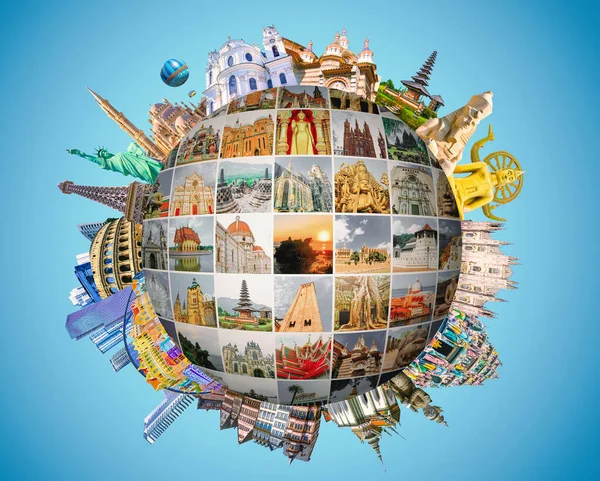 Världsmonument Över Religion Och Arkitektur Collage Eller Glob Från Olika — Stockfoto