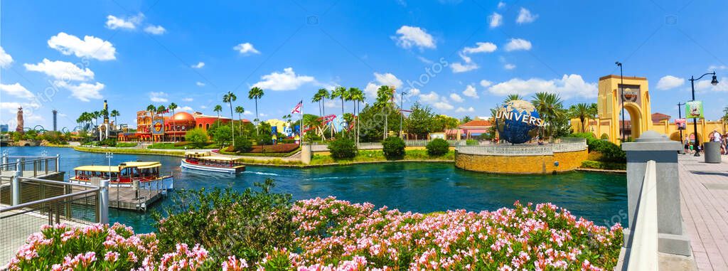 Orlando, USA - May 8, 2018: The large rotating Universal logo globe on May 8, 2018. Universal Studios is one of Orlando famous theme parks.