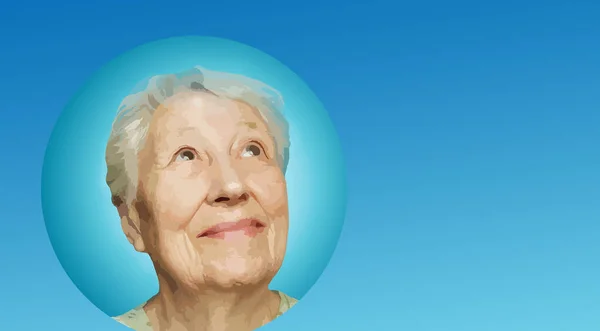 Χαμογελαστή Ηλικιωμένη Γυναίκα Μπλε Χρώμα Ελπίδα Και Όνειρα Έννοια Εικονογράφηση — Διανυσματικό Αρχείο