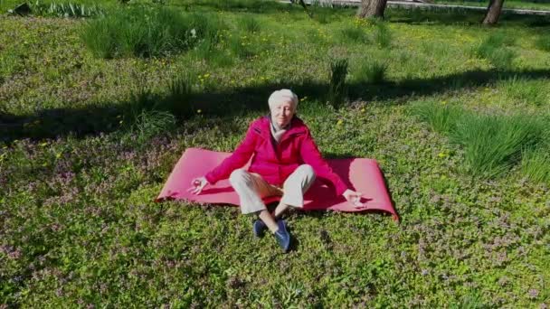 Старша жінка практикує йогу, сидячи на килимку йоги . — стокове відео