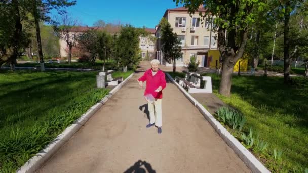 Seniorkvinne på engen som spiller badminton i parken. – stockvideo