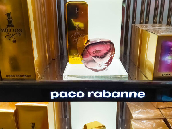 Antalya, Turkey - May 11, 2021: Shop display of different types of perfume from PACO RABANNE