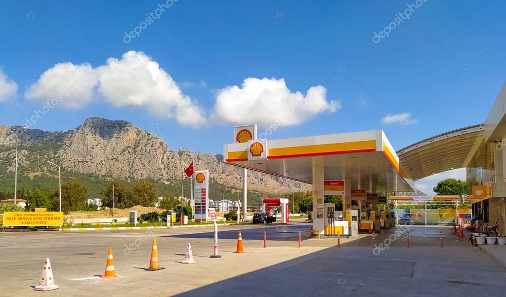 Antalya, Turkey - May 11, 2021: Shell gas station at sunny day at Antalya, Turkey - May 11, 2021. Shell is an Anglo-Dutch multinational oil and gas company headquartered in the Netherlands.