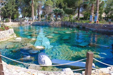 Pamukkale, Türkiye 'de termal suyla dolu boş Kleopatra havuzu.