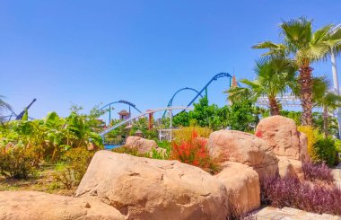 Belek, Antalya, Türkiye - 15 Mayıs 2021: Belek 'teki Efsaneler Diyarı tema parkı. Havuz