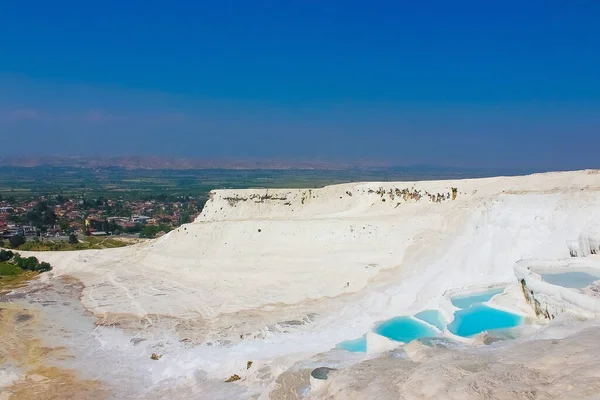 Travertinák Törökországban Pamukkale Kalcit Sziklája Napsütéses Napokon — Stock Fotó