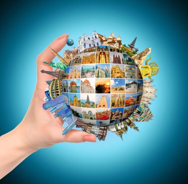 World religious and architecture monuments - collage from female hand and globe from different religions from Bali, Thailand, Cambodia at Asia and Florens, Spain, Santorini, Venice in Europe. clipart