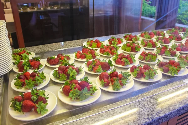 Food on the shelves in the self-service buffet with all inclusive in Turkey at abstract hotel or resort at Kemer