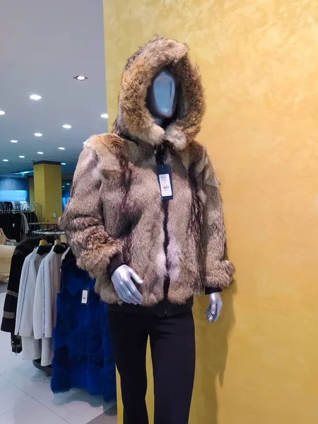 Donne molti vestiti di pelliccia di inverno di colore in negozio di moda, vestiti di moda, interno — Foto Stock