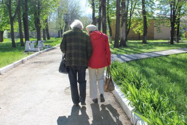 Parka giden iki son sınıf öğrencisi bayan. Baharda olgun kadınların arka planı