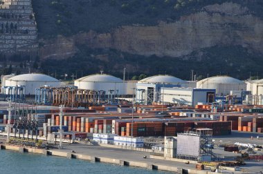 Barcelona, Spain - September 26, 2025: Aerial view of shipping containers in the sea port of Barcelona in Spain, Europe. Concept of sea and maritime trade