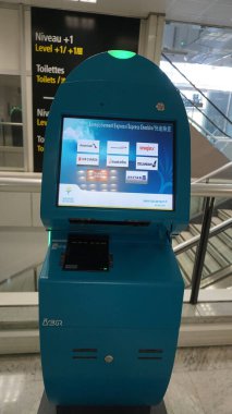 Nice, France - September 27, 2025: Self-service kiosks in airport terminal provide efficient check-in options for travelers, showcasing modern technology and user-friendly design