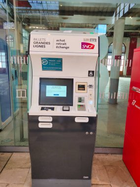 Nice, France - September 27, 2025: Self-service kiosks SNCF ticket machine for train in the station at Nice, France on September 27, 2025