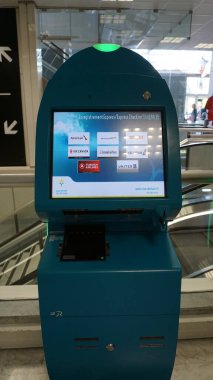 Nice, France - September 27, 2025: Self-service kiosks in airport terminal provide efficient check-in options for travelers, showcasing modern technology and user-friendly design