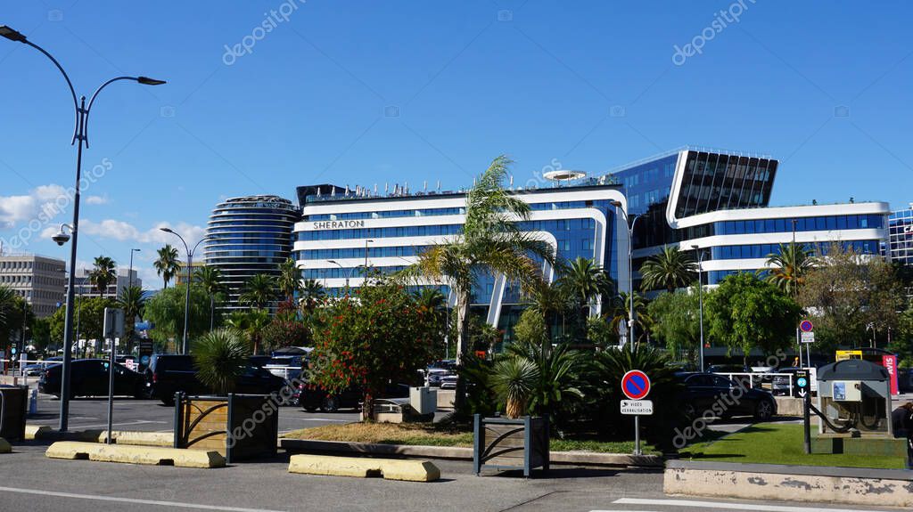 Nice, France - September 27, 2025: Sheraton hotel near Terminal 1 of Nice airport at Nice, France on September 27, 2025