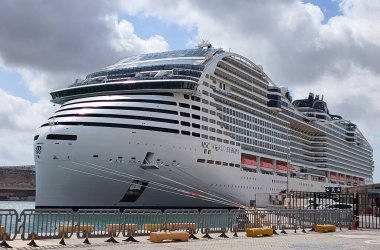 Valletta, Malta - September 24, 2025: View of the MSC World Europa, a cruise ship of the MSC Cruises company docked at the port of Valletta.