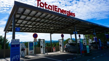 Nice, France - September 27, 2025: Totalenergies gas station. Power supply for electric car charging. Electric car charging station