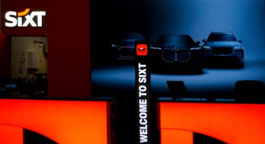 Nice, France - September 27, 2025: Sixt brand car rental agency office at Terminal 1 of international Nice airport at Nice, France on September 27, 2025